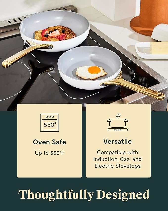 Caraway Ceramic Nonstick Fry Pan Set with Glass Lids – Includes Two 10.5” Fry Pans, One 8” Fry Pan, & Three Lids - Non Toxic, PTFE & PFOA Free - Oven Safe & Compatible with All Stovetops - Gray