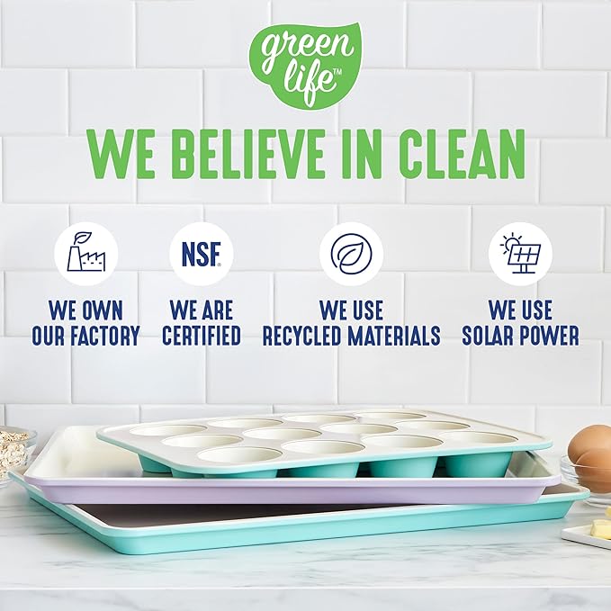 GreenLife 12-Cup Muffin Pan, Healthy Ceramic Nonstick Bakeware, PFOA & PFAS-Free Cupcake Sheet, Durable Baking Tray, Versatile Kitchen Essentials, Easy Clean Muffin Mold, Nonstick Baking Pan, Blue
