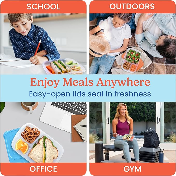 Bentgo Easyboxes - Original Stackable Lunch Boxes - Reusable 3-Compartment Food Containers for Kids and Adults - Bento Lunch Box for Meal Prep, School, & Work - BPA Free, Set of 4 (Classic)