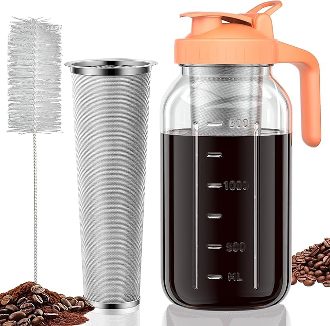 Cold Brew Coffee Maker Jar - 64oz Thick Glass Multipurpose Mason Pitcher Spout Lid with Handle & Stainless Steel Filter for Iced Coffee, Lemonade, Ice Tea, Homemade Fruit Drinks Container