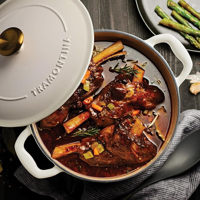 Tramontina Bestow Enameled Cast Iron Dutch Oven Pot with Lid, Round 5.5-quart, Latte with Gold Knob