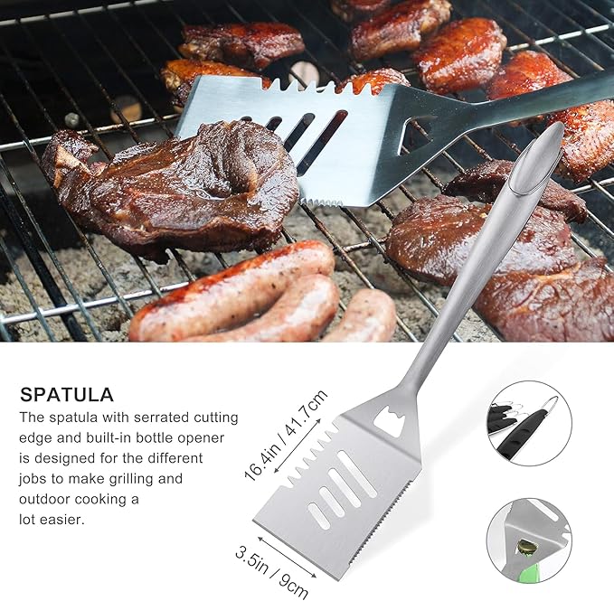 grilljoy 8PCS BBQ Grill Tools Set with Extra Thick Stainless Steel Spatula, Fork, Tongs & Cleaning Brush - Complete Barbecue Accessories Kit with Portable Bag - Perfect Grill Gifts for Men Black