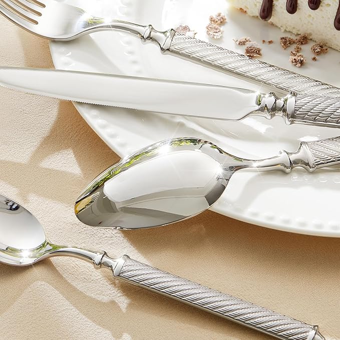 KINGSTONE Retro Rope-Pattern Silverware Set, 10-Piece Flatware Set Cutlery Set Forged with Handcrafted Texture Handles 18/10 Stainless Steel, Dishwasher Safe