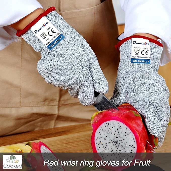 Dowellife Cut Resistant Gloves Food Grade Level 5 Protection, Safety Kitchen Cuts Gloves for Oyster Shucking, Fish Fillet Processing, Mandolin Slicing, Meat Cutting and Wood Carving. (Small-2 Pairs)