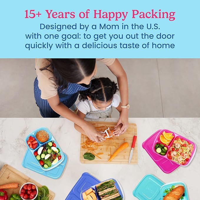 Bentgo Easyboxes - Original Stackable Lunch Boxes - Reusable 3-Compartment Food Containers for Kids and Adults - Bento Lunch Box for Meal Prep, School, & Work - BPA Free, Set of 4 (Jewel Brights)