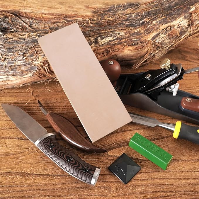 SHARPAL 204N Leather Strop (Genuine Cowhide) 8" x 3" Kit with 2 Oz. Polishing Compound & Angle Guide, Knife Stropping Block for Sharpening & Honing Knives, Straight Razor, Woodcarving Chisels