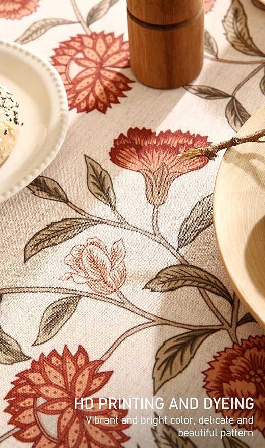 ISAENNE Designer French Extra Long Rectangular Tablecloth,Linen Orange Floral Pattern Indoor Table Cloth,Wrinkle Resistant Decor Table Cloth for Dining Thanksgiving Kitchen,63"*110"-Alvarado D