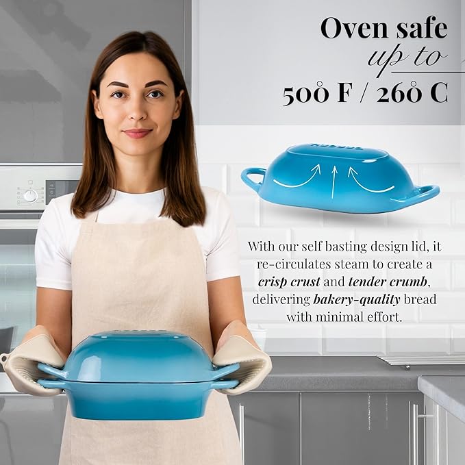 Dutch Oven For Sourdough Bread Baking – Enamelled Cast Iron Bread Loaf Pot – Oven Safe Non Stick Bread Pot – Rectangular,Light Blue, 24cm x 16cm – by Nuovva