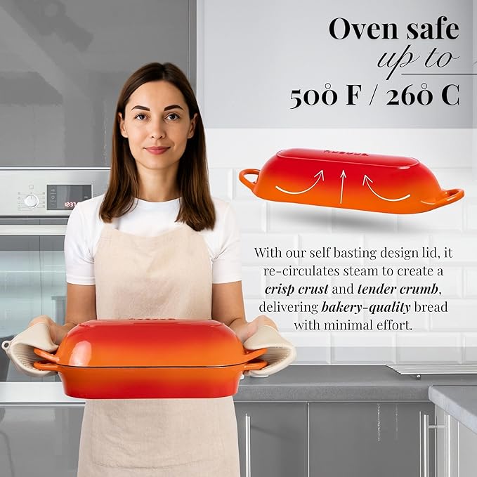 Enamelled Cast Iron Bread Loaf Pot – Dutch Oven For Sourdough Bread Baking – Oven Safe Non Stick Bread Pot – Rectangular, Orange, 34cm x 16cm – by Nuovva