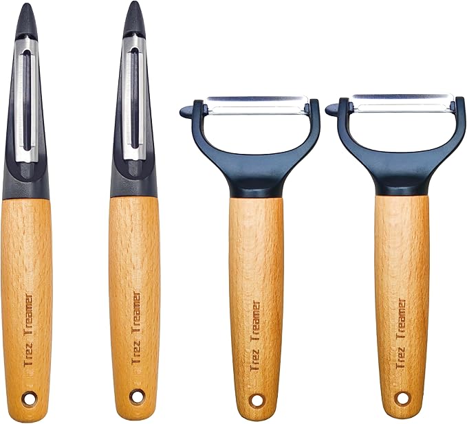 Trez Treamer 4 Pack Vegetable Peelers for Kitchen, Y Wooden Potato Peeler Set for Apple Cucumber Carrot Fruit Potatoes Veggie Peeler Bulk with Stainless Steel Blade,Dishwasher Safe