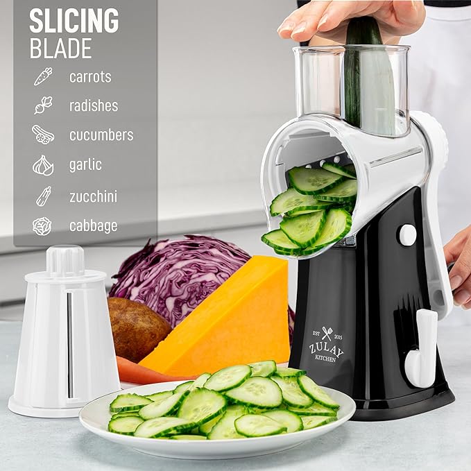Zulay Kitchen Rotary Cheese Grater 5 Blade Cheese Shredder - Manual Hand Crank Cheese Grater With Reinforced Suction & 5 Interchangeable Drums - Easy to Use, Vegetable Chopper Round Mandoline Slicer