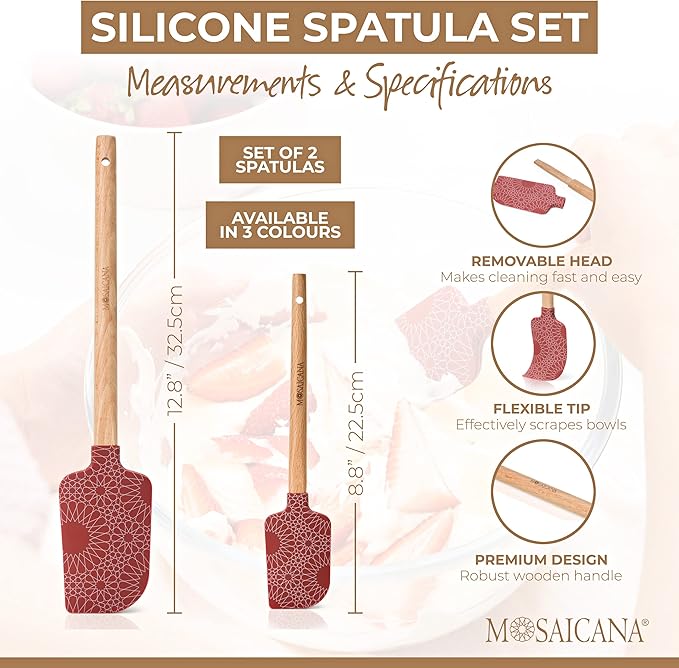 Silicone Spatula set of 2 with wooden handle and stunning pattern (Red)