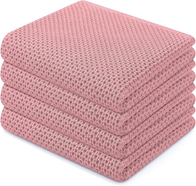 Homaxy 100% Cotton Waffle Weave Kitchen Dish Towels, Ultra Soft Absorbent Quick Drying Cleaning Towel, 13 x 28 Inches, 4-Pack, Dried Rose