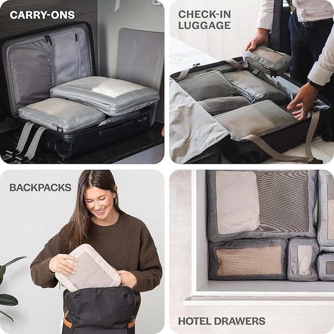 Aerotrunk Compression Packing Cubes for Travel - Luggage Organizer Bags - Double Zipper Packing Cubes for Suitcases (4-Pack, Beige)