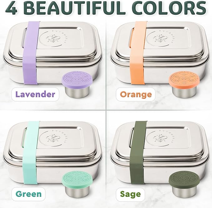 Everusely - Bento Box - Green, 60oz / 1.8 L - Stainless Steel Lunch Box with Leakproof Condiment Container - 3 Compartment Snack Organizer for On the Go Meals - Freezer & Dishwasher Safe