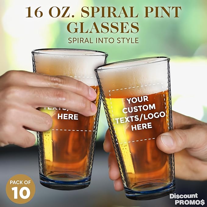 Custom Spiral Pint Glass 16 oz. Set of 10, Personalized Bulk Pack - Beer Glasses, Heavy Duty Drinkware - Blue