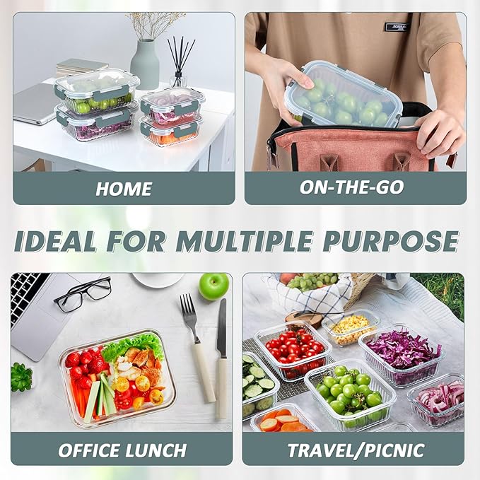 KOMUEE 10 Packs Glass Meal Prep Containers with Lids, Glass Food Storage Containers Set, Airtight Lunch Containers, Microwave, Oven, Freezer and Dishwasher Safe, Gray