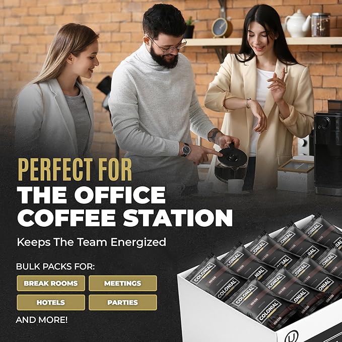 Colonial Coffee 100 Count Single Pot Coffee Packets – 100% Arabica Dark Roast | Pre-Measured Frac Packs for 12 Cup Maker | Bulk Ground Gourmet Coffee for Home & Office