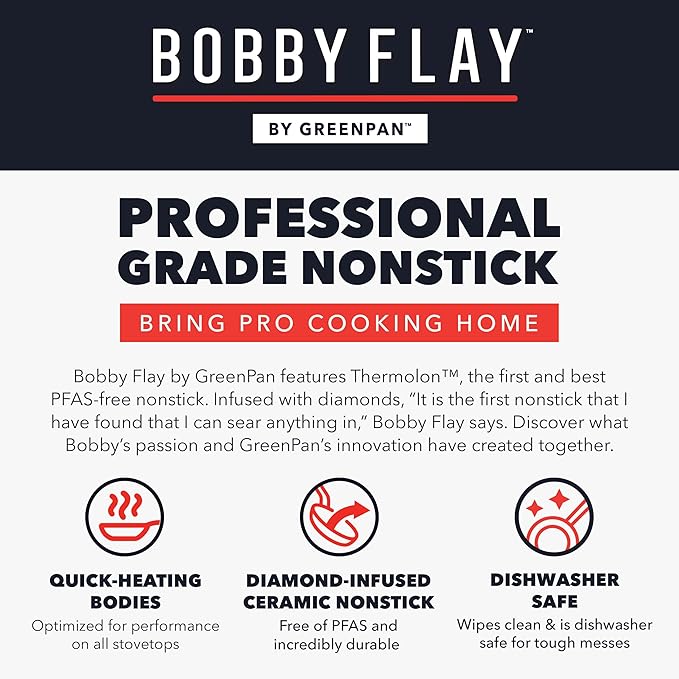 GreenPan x Bobby Flay 8" Nonstick Frying Pan Skillet, PFAS-Free Diamond Ceramic, Induction Suitable, Stay-Cool Silicone Handle, Easy Clean Dishwasher & Oven Safe, Egg & Omelet Pan, Oxford Blue