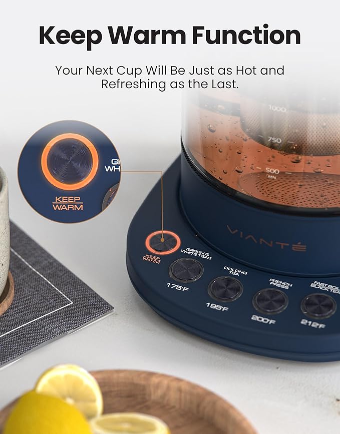 Vianté Electric Kettle With Infuser For Loose Leaf Tea. Hot Tea Maker With Temperature Control And Automatic Shut Off. Kettle With Brewing Programs. 1.5 Liters Capacity | Midnight Blue Color