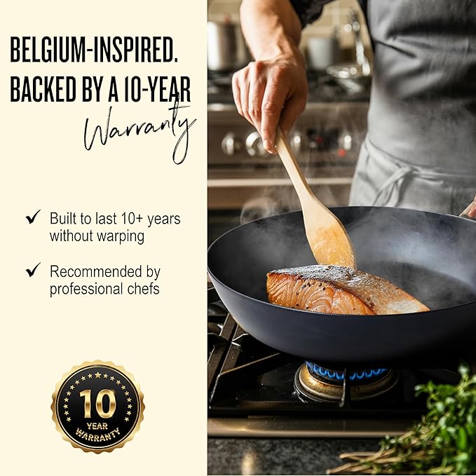 Alva Forest 8" Carbon Steel Frying Pan – Naturally Nonstick, Pre-Seasoned, with Acacia Wood Handle, Made Without PTFE, PFOA, PFAS – Sustainable Belgian Design, Induction & All-Stovetop Safe