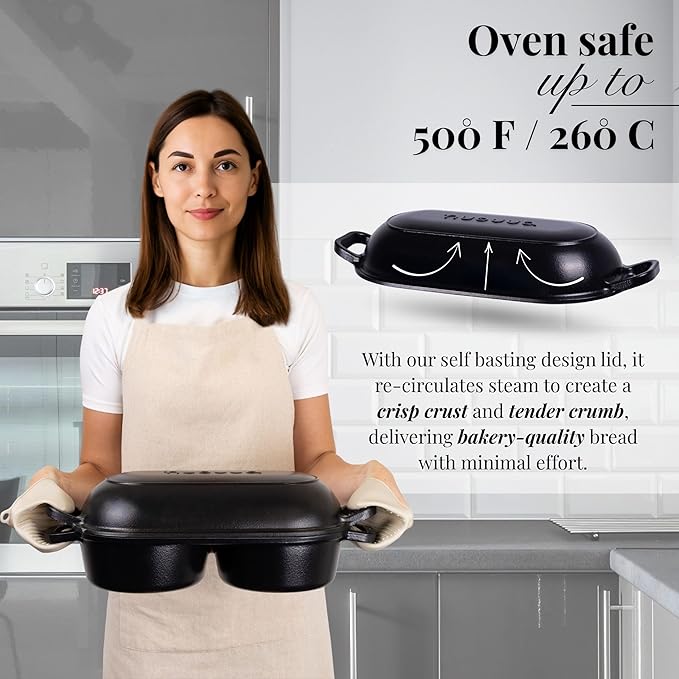 nuovva Dutch Oven for Sourdough Bread Baking – Enamelled Cast Iron Bread Loaf Pot – 500°F Oven Safe Non Stick Bread Pot – Double Round Loaf Space, 16.5cm Diameter, Black