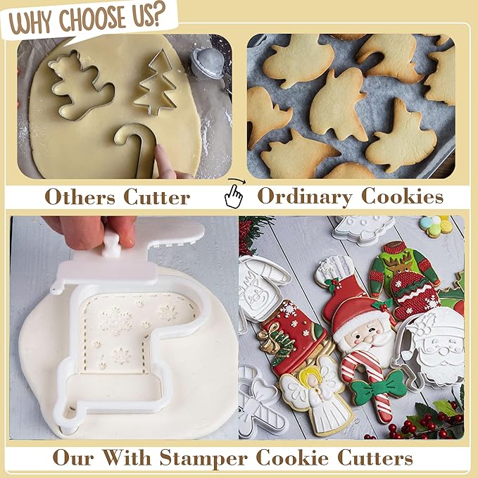 Flycalf Christmas Cookie Cutters for Kids Baking with Stamper Stencil 3D Cake Decorating Pastry Kitchen Mold Supplies Christmas Shapes Holiday Birthday Party Biscuit Fondant Tools
