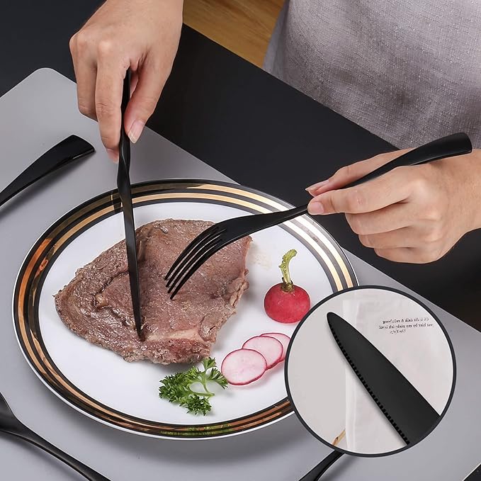 Lemeya 24-Piece Black Silverware Set with Steak Knives,Forged 18/10 Stainless Steel Cutlery Set for 4,Modern Heavy Duty Flatware Utensils Set,Fork Spoon and Knives Set, Mirror Polished,Dishwasher Safe