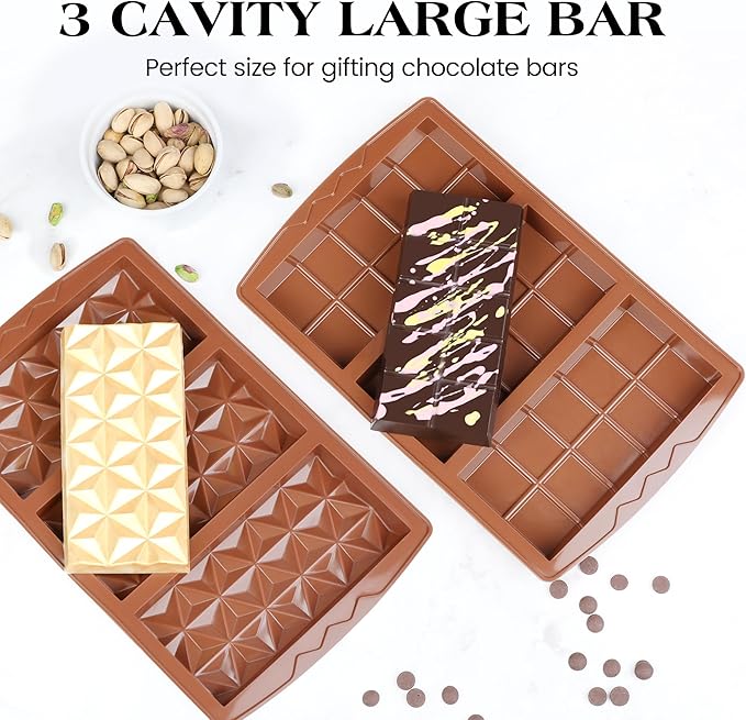 2 Pcs Chocolate Bar Mold Deep Dubai 0.85 Inch Stuffed Chocolate Molds Silicone Large Break Apart Silicone Molds (10 Snap + Pyramid）