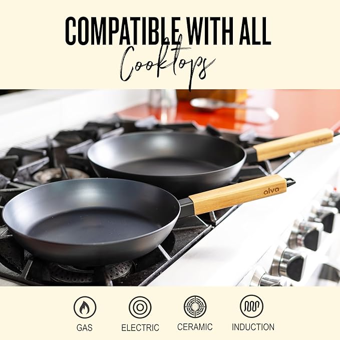 Alva Forest 8" & 11" Carbon Steel Frying Pan Set – Naturally Nonstick, Pre-Seasoned, with Acacia Wood Handle, Made Without PTFE, PFOA, PFAS – Sustainable Belgian Design, Induction & All-Stovetop Safe