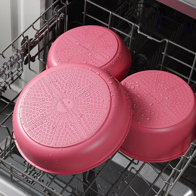 CAROTE Ceramic Pots and Pans Set Non Stick, Nonstick Kitchen Cookware Sets with Lid, Detachable Handle Sauté Pan Set, Non Toxic Frying Pan, Oven Safe, Induction Ready, Pink