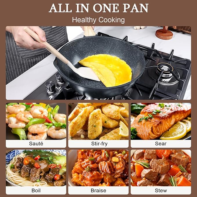 GiPP Ceramic Nonstick Deep Frying Pan Skillet, 12" Saute Pan with Lid, Induction Cookware Non Stick Cooking Pan, PTFE PFOA PFOS APEO Free, Grey
