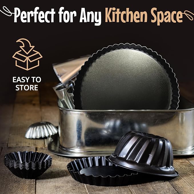 9 Inch Tart Pan with Removable Bottom – Non-Stick Deep Fluted Quiche and Pie Pan, Carbon Steel Loose Bottom Tart Pan, 9.5 Inch Top / 9 Inch Base, 1.1 Inch Deep Baking Pan