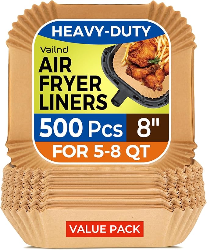 Air Fryer Liners Disposable 8" Square, 500 Pcs Unbleached Parchment Paper Liners for Airfryer Basket, Non-Stick & Leakproof Baking Paper for Oven & Pan