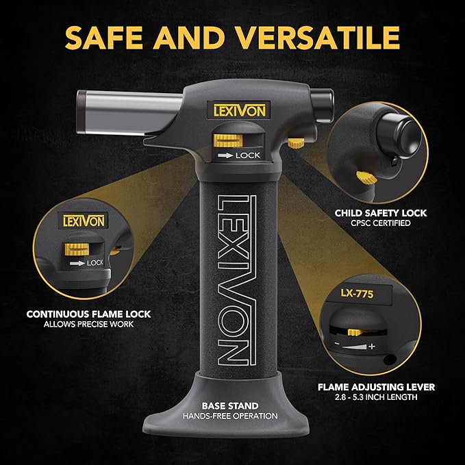 LEXIVON Butane Torch Lighter, Refillable Kitchen Cooking Torch | Self-Igniting with Safety Lock and Adjustable Flame | Pro-Grade Aluminum Tank (LX-775)