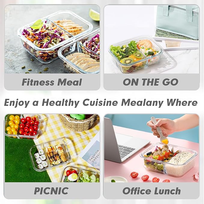 VERONES 10 Pack Glass Meal Prep Containers 2 Compartment Set, 30 OZ Airtight Glass Lunch Containers, Food Storage Containers with Lids, for Microwave, Oven, Freezer & Dishwasher Friendly，White