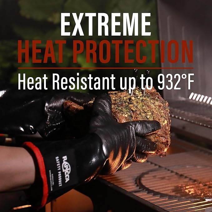 RAPICCA 932°F Heat Resistant BBQ Grill Gloves: Oil Resistant Waterproof for Smoking Grilling Cooking Barbecue Deep Frying Turkey Rotisserie Handling Hot Greasy Meat Stocking Stuffers - 17 in Size XL
