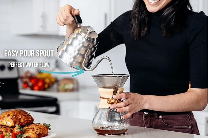 Barista Warrior Pour Over Coffee Kettle with Thermometer – Gooseneck Kettle for Coffee and Tea, Stainless Steel for All Stovetops (Matte Black, 1.0 Liter, 34 fl oz)