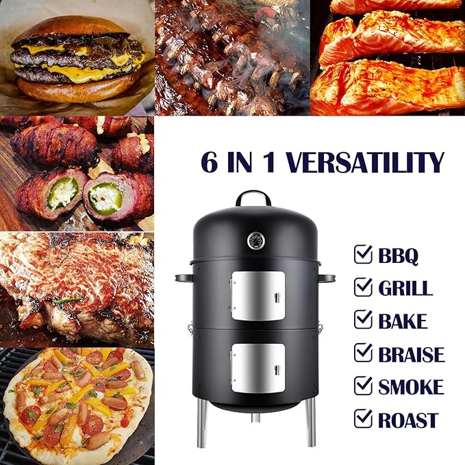 Realcook Charcoal Smoker BBQ Grill: Premium Vertical Meat Smokers with Smoke Tube - Barbecue Charcoal Grill Combo for Outdoor Cooking Patio Backyard Grilling Tailgating