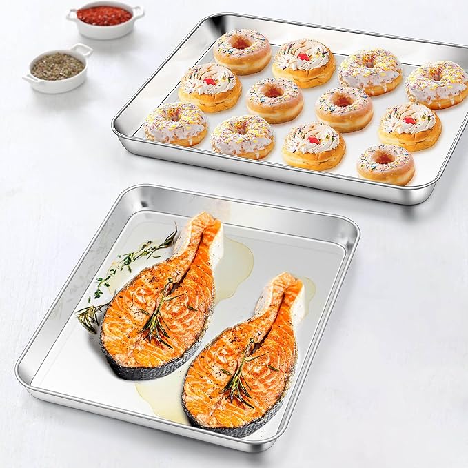 Homikit 2 Pack Baking Sheet, 9 x 13 Inches Stainless Steel Quarter Sheet Pan Set for Baking Cooking Toasting, Metal Cookie Tray Fits Toaster Oven, Non Stick & Rust Free, Dishwasher Safe
