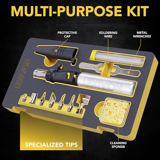 LEXIVON Butane Soldering Iron Multi-Purpose Kit | Cordless Self-Igniting Adjustable Flame 7-Tip Set | Pro Grade 125-Watt Equivalent (LX-770)