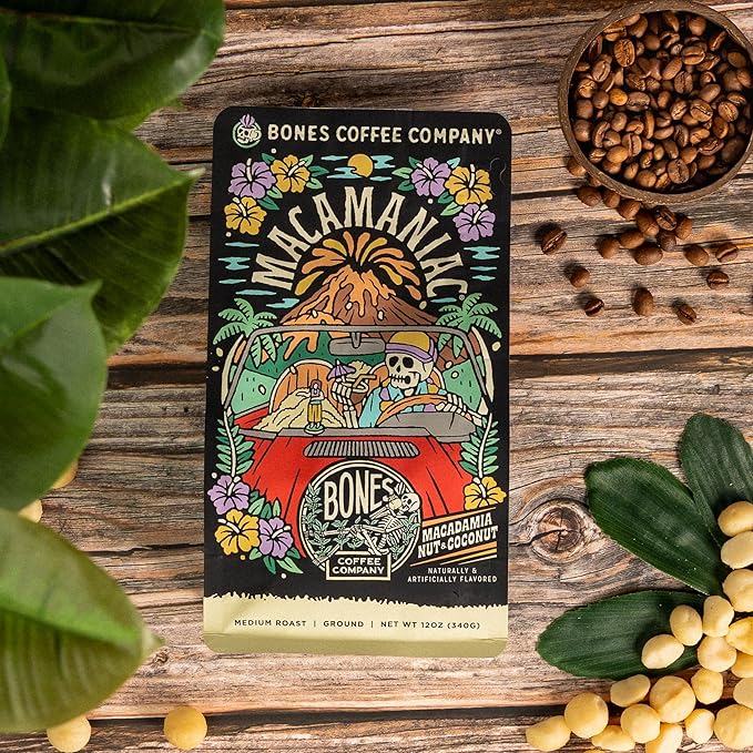 Bones Coffee Company Macamaniac, Macadamia and Coconut Flavored Coffee, Medium Roast Low Acid Arabica Beans Compatible with Auto drip and French Press Coffee Maker, 12 Oz Ground