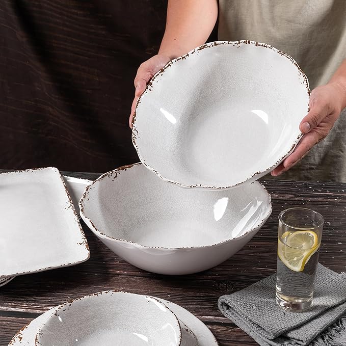 Rustic Melamine Serving Bowls, 12 inch Larger Salad Bowl Set, Set of 2, Farmhouse White large Melamine Bowl, Lightweight and Unbreakable, Dishwasher Safe…