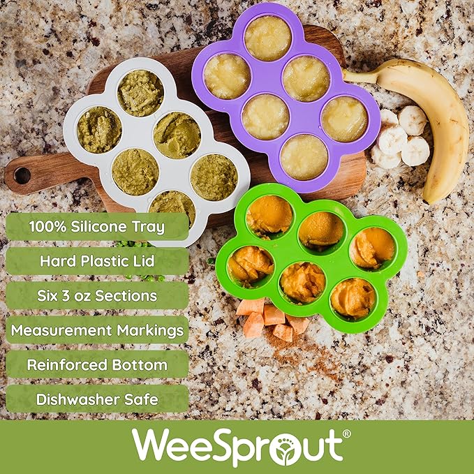 WeeSprout Silicone Freezer Tray with Clip on Lid Perfect Food Storage Container for Homemade Baby Food, Vegetable, Fruit Purees, and Breast Milk (Bright Green, Six 3 Ounce Sections)