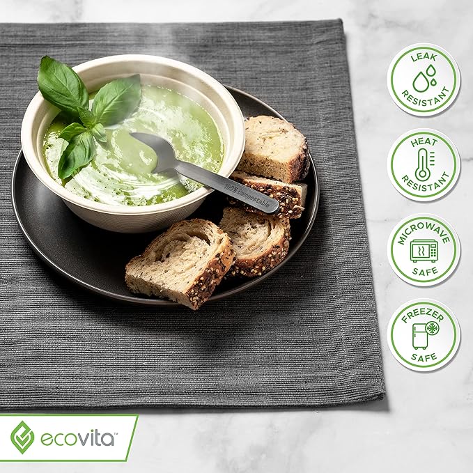 Ecovita 100% Compostable Paper Bowls [32 oz.] – 150 Disposable Bowls Eco Friendly Sturdy Tree Free Liquid and Heat Resistant Alternative to Plastic or Paper Bowls