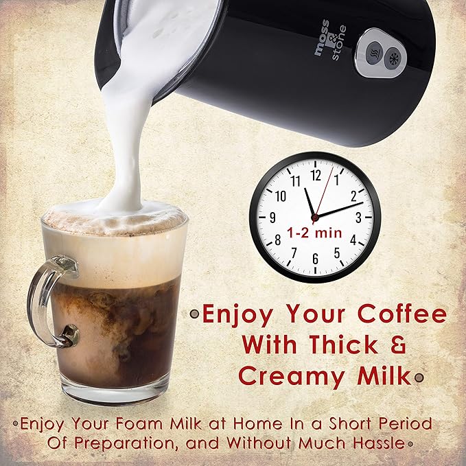 Moss & Stone Electric Milk Frother For Making Latte, Cappuccino, Hot Chocolate, Automatic Cold Hot Milk Frother & Warmer, Foam Maker, Auto Shut-Off, Detachable Base & Non-Stick Interior.