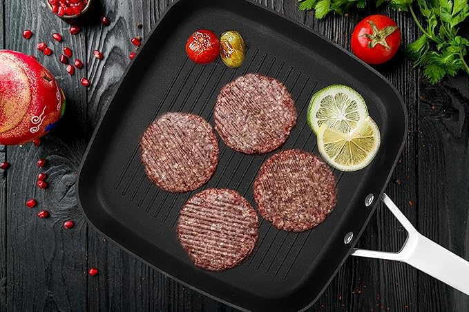 MsMk Square Grill Pan with lid, Stay-Cool Handle, Each Ridge Nonstick, Oven Safe Dishwasher Safe Induction Grill pans for Stove Tops, Square Frying Pan, Bacon Pan, Indoor Chicken Skillet, 11-Inch