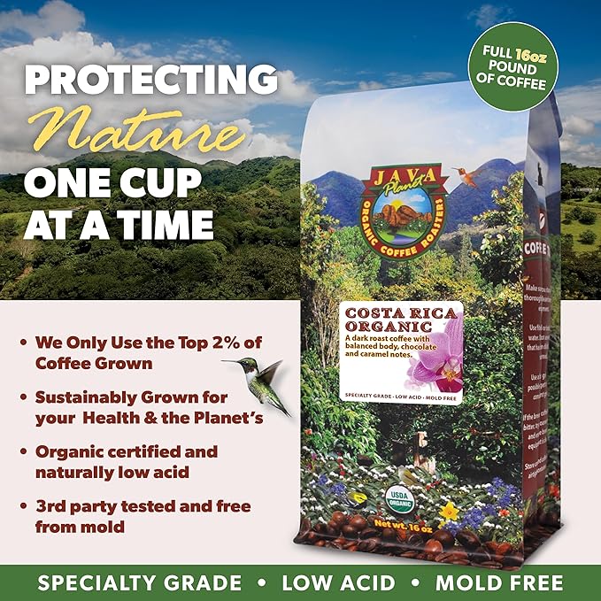 Low Acid Organic Coffee – Whole Bean, Mold-Free & Stomach Friendly by Java Planet, Costa Rican Single Origin Coffee, Dark Roast, Smooth Full Flavored, 2x1LB Bag