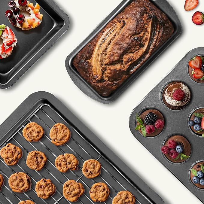 KITESSENSU Baking Pans Sets, Nonstick Bakeware Sets 7-Piece with Round/Square Cake Pan, Loaf Pan, Muffin Pan, Cookie Sheet, Roast Pan, Cooling Rack, Carbon Steel Bake Set