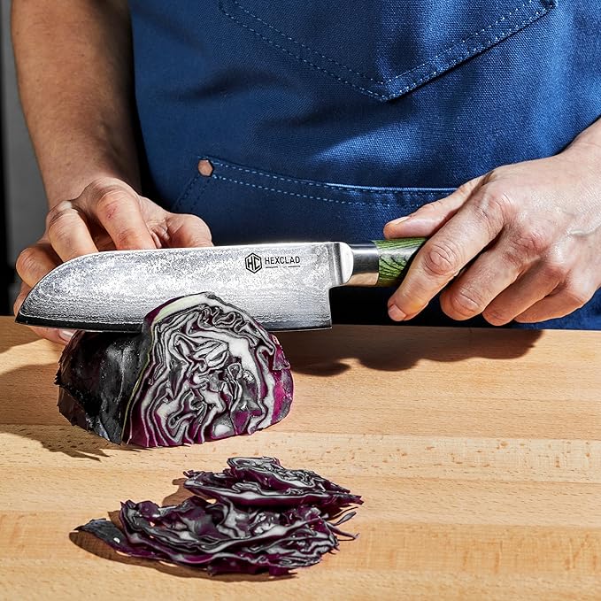 HexClad Santoku Knife, 7-Inch Japanese Damascus Stainless Steel Blade, Pakkawood Handle
